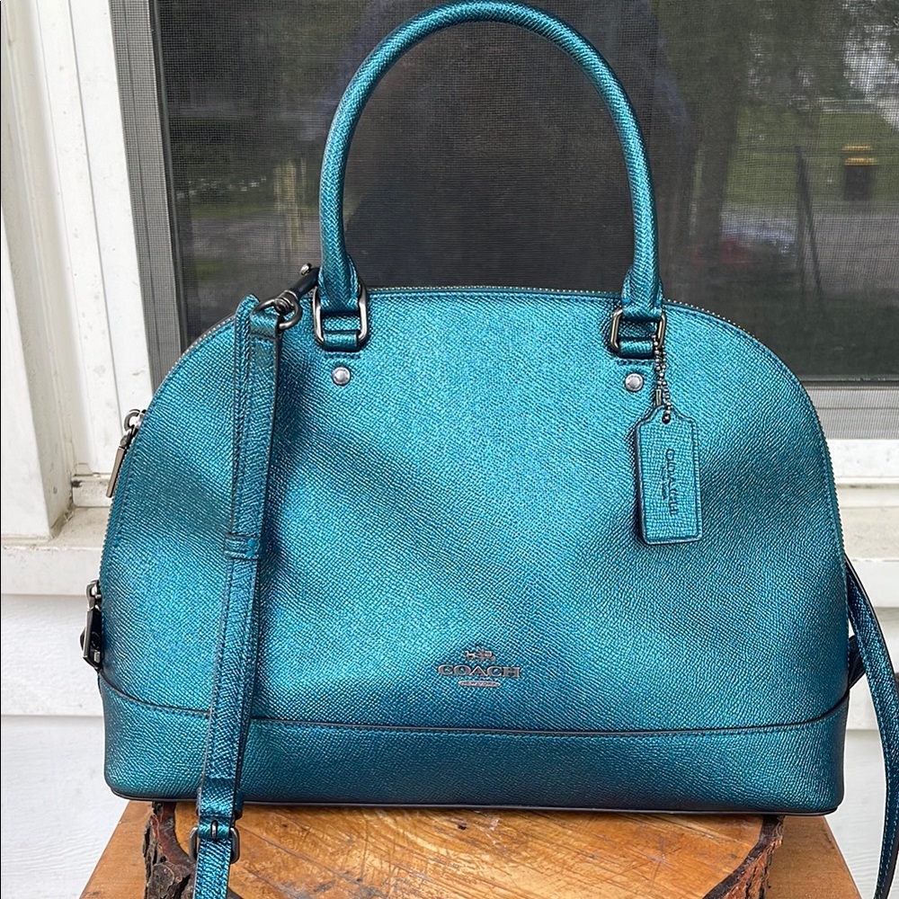 Coach Blue Teal Green Sparkle Sierra Satchel  Shoulder Bag with Strap